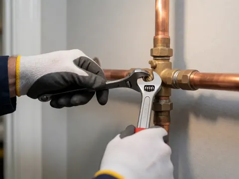 Gant ajustant une vanne de gaz avec une clé à molette. Tuyaux en cuivre brillants et murs gris clair. Scène de travail précise et sécurisée.