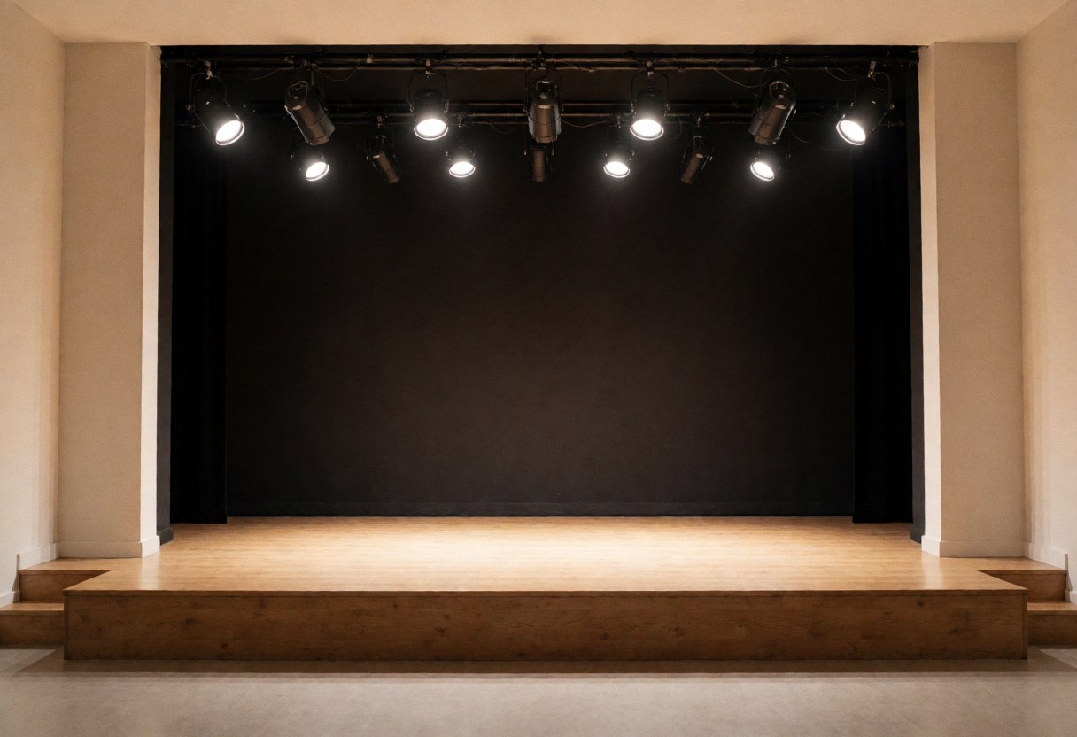 Scène de danse vide équipée de projecteurs et de murs beiges, prête pour des cours de danse professionnelle.