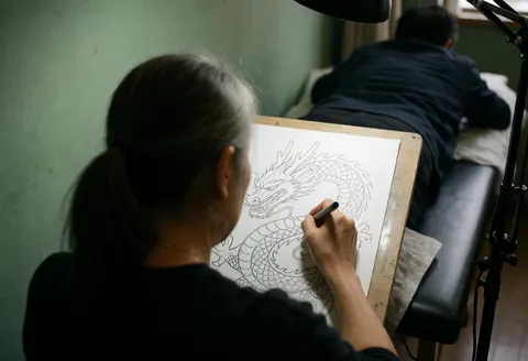 Un artiste professionnel dessine un dragon au crayon sur le dos d'un client allongé sur une table dans un studio aux murs verts et aux lumières de travail.