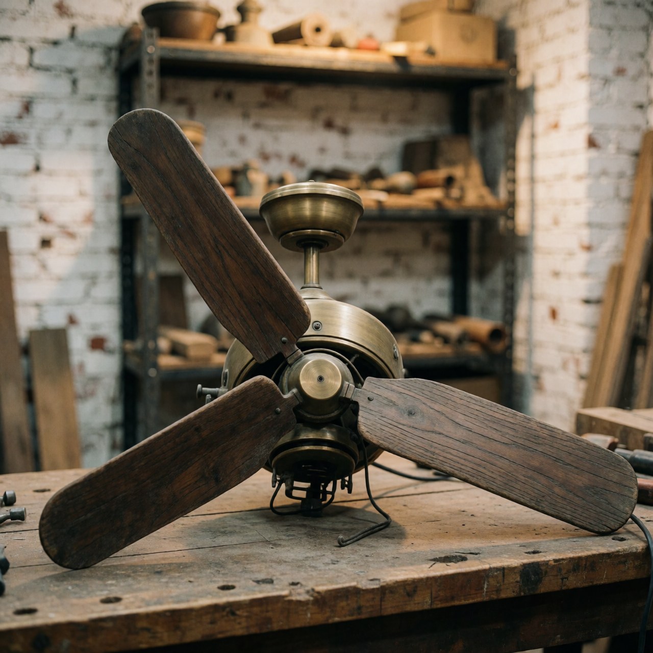 Ancien ventilateur de plafond avec pales en bois et carrosserie en bronze posé sur un établi dans un atelier de restauration.