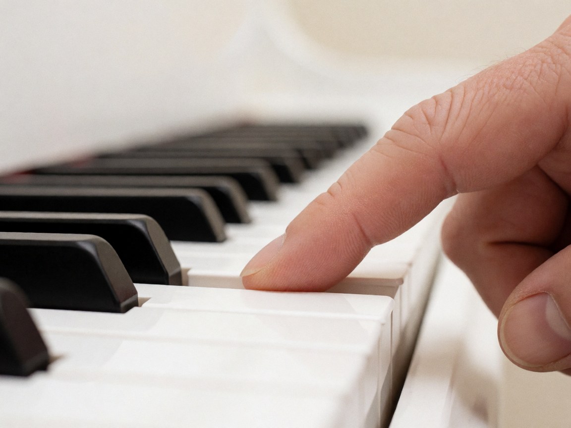 Gros plan d'une main adulte pressant une touche blanche de piano, avec un fond flou et une lumière douce, mettant en valeur la précision du geste.