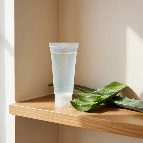 Tube transparent de gel d'aloe vera posé sur une étagère en bois, accompagné de feuilles vertes fraîches coupées, dans un environnement propre et lumineux.