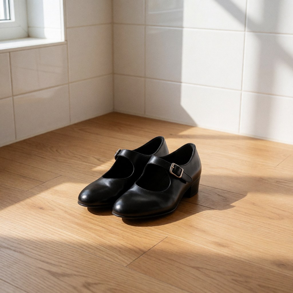 Paire de chaussures de danse noire à semelles usées posée sur un plancher clair, éclairage naturel et murs carrelés blancs.