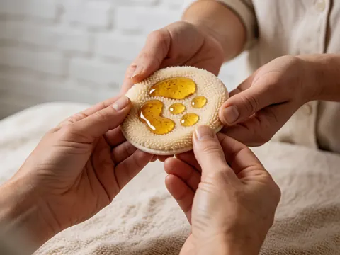 Gouttes d'huile d'argan dorée sur un applicateur texturé, mains tenant le produit, fond mur brique blanc.