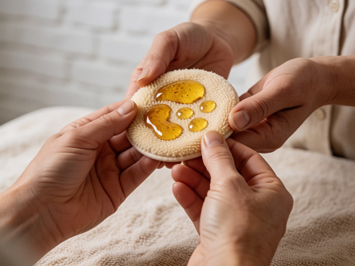 Gouttes d'huile d'argan dorée sur un applicateur texturé, mains tenant le produit, fond mur brique blanc.