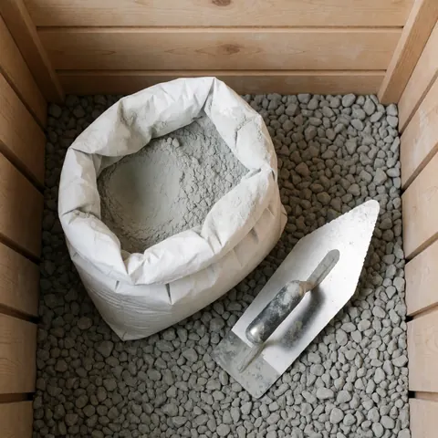 Sac de ciment hydraulique ouvert posé à côté d'une truelle métallique sur un lit de gravier, dans un environnement de chantier avec des murs en bois clair.