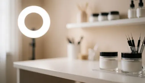 Arrière-plan de studio de beauté avec éclairage led, tables blanches et produits de lissage des sourcils en flou doux, idéal pour ajouter du texte