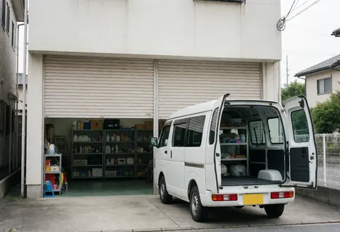 Fourgon blanc stationné devant un garage avec des étagères contenant des produits d'étanchéité, éclairage diffus et ambiance professionnelle.