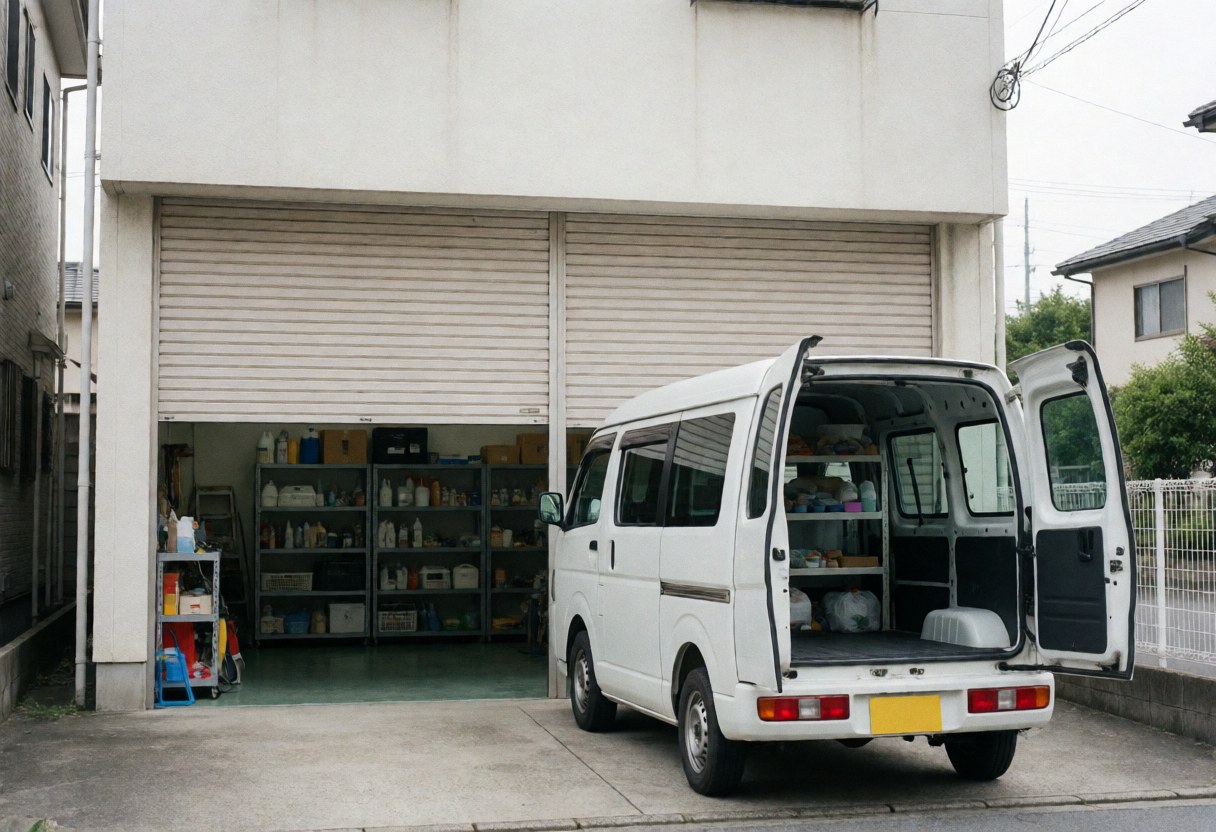Fourgon blanc stationné devant un garage avec des étagères contenant des produits d'étanchéité, éclairage diffus et ambiance professionnelle.
