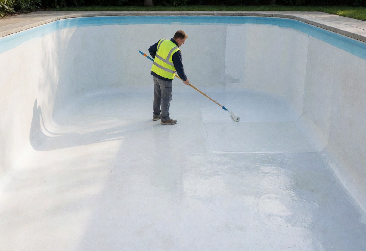 Un ouvrier portant un gilet de sécurité applique un enduit blanc à l'aide d'un long rouleau sur le mur intérieur d'une piscine vide en béton, éclairée par la lumière naturelle.