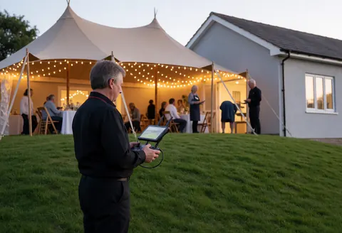 Un pilote de drone utilise son contrôleur pendant un mariage au coucher du soleil, avec une tente éclairée par des lumières chaudes en arrière-plan.
