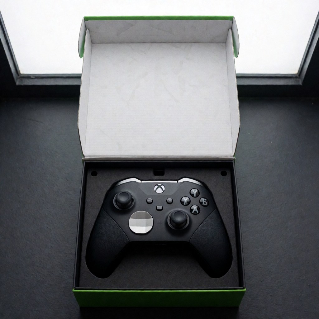 Manette de jeu vidéo noire avec détails argentés, présentée dans sa boîte d'origine ouverte sur une surface grise sombre éclairée par la lumière naturelle.