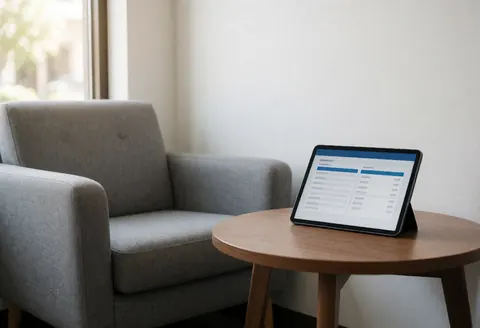 Salle d'attente moderne avec chaise grise et table ronde en bois, une tablette affichant les prix, lumière naturelle par la fenêtre, ambiance calme pour les clients.