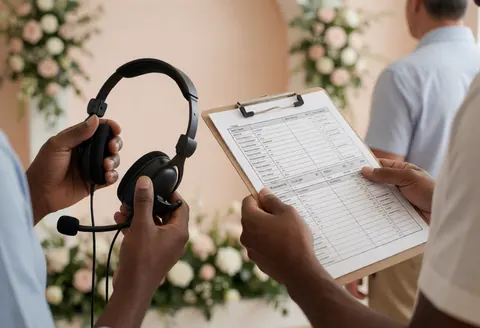 Gros plan sur une main tenant une radio de communication et une liste de tâches pour la coordination d'un événement, avec des fleurs en arrière-plan flou.