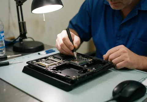 Un technicien en chemise bleuse utilise un applicateur pour déposer de la pâte thermique sur le CPU d'une console ouverte, éclairé par une lampe de bureau.