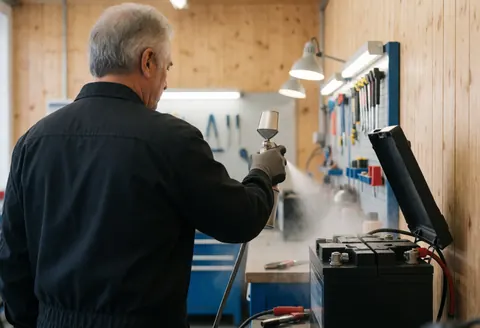 Un technicien en atelier applique un produit anti-corrosion sur la borne d'une batterie automobile, avec des outils organisés au mur dans un environnement propre et professionnel.