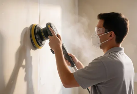 Un technicien de réparation de murs utilise une ponceuse électrique pour lisser une surface, portant un masque et des lunettes de sécurité, avec de la poussière flottant dans la lumière chaude de l'après-midi.