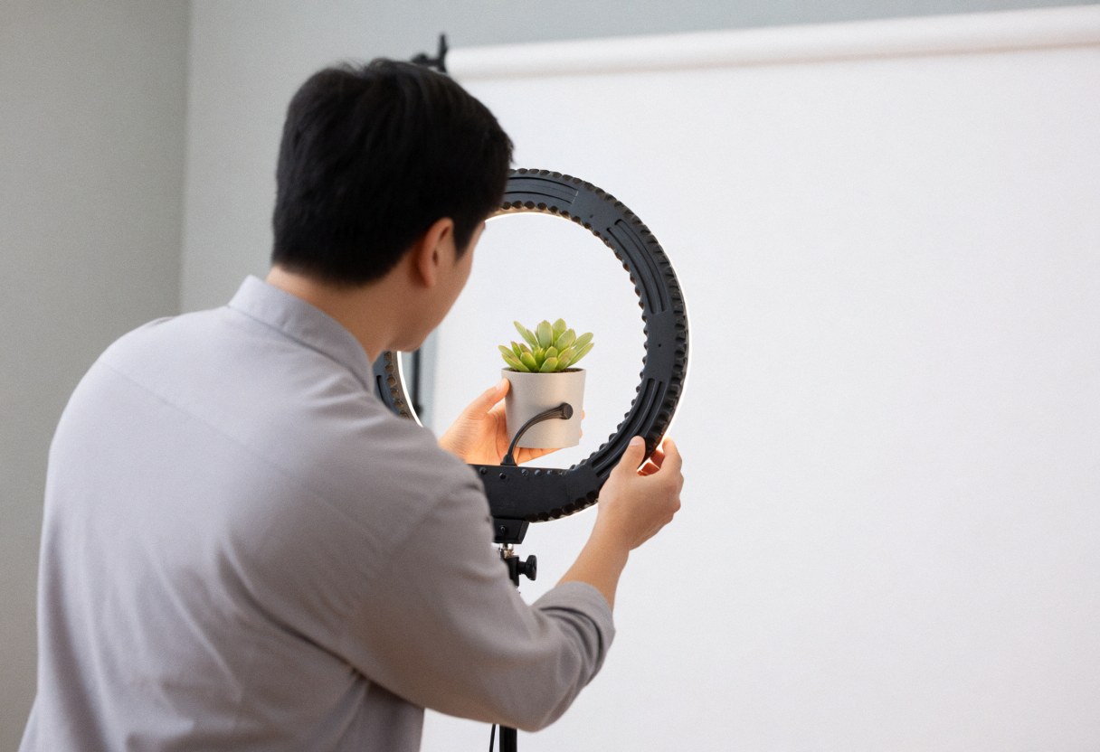Un photographe professionnel règle une lumière annulaire autour d'une plante succulente dans un studio au fond blanc, illustrant un service de photographie macro en action.