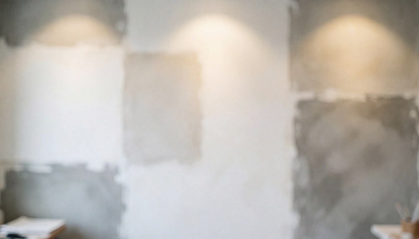 Fond de mur d'étude présentant des échantillons d'enduit blanc et gris, éclairage chaleureux et flou, idéal pour textes commerciaux.