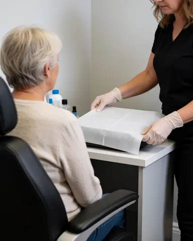 Une technicienne portant des gants place un drapeau sur la chaise du client dans une clinique propre et moderne.