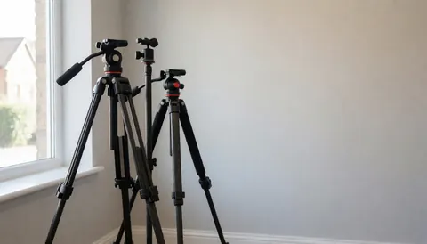 Trois trépieds professionnels en carbone dans un studio aux murs gris, éclairé par la lumière naturelle d'une fenêtre, prêts à l'emploi avec espace pour texte.