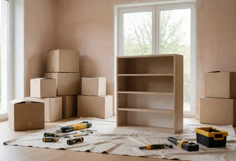 Un meuble en bois monté dans une pièce avec des murs terracotta, des boîtes et des outils sur une nappe de protection, éclairage naturel par fenêtre.