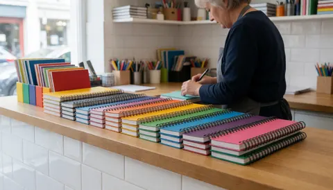 Comptoir de papeterie avec des carnets colorés rangés en rangées, une personne travaillant en arrière-plan, murs carrelés blancs et lumière naturelle.