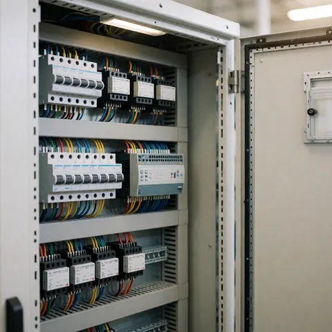 Vue rapprochée d'un coffret électrique industriel ouvert révélant des câbles, des relais et un automate programmable disposés de manière ordonnée sur fond neutre.