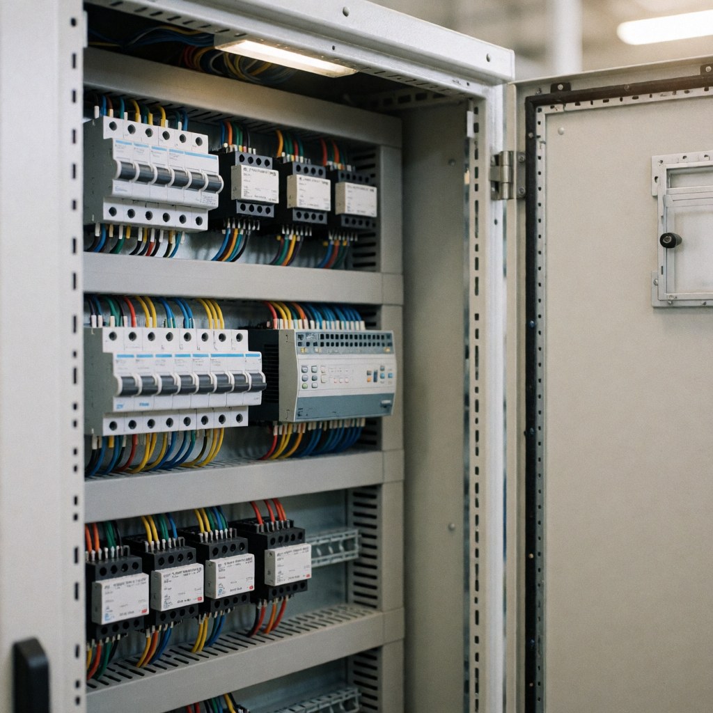 Vue rapprochée d'un coffret électrique industriel ouvert révélant des câbles, des relais et un automate programmable disposés de manière ordonnée sur fond neutre.