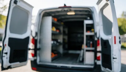Arrière-plan d'un fourgon de service équipé d'outils, idéal pour des textes liés à la réparation mobile, dans un environnement professionnel et naturel.