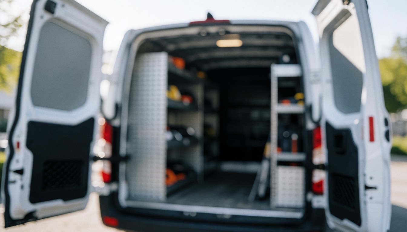 Arrière-plan d'un fourgon de service équipé d'outils, idéal pour des textes liés à la réparation mobile, dans un environnement professionnel et naturel.