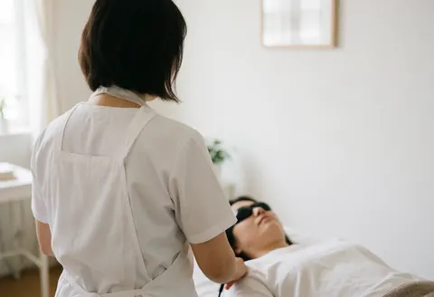 Vue arrière d'un thérapeute en blouse blanche contrôlant un client portant des lunettes de protection pendant un soin facial à la lumière LED dans un cabinet clinique lumineux.