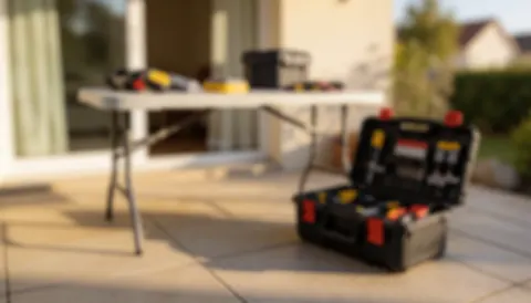 Vue d'un patio avec une table pliante supportant une boîte à outils ouverte, servant de fond pour des services de réparation de cuisinières domestiques.