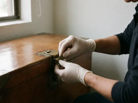 Gants appliquant soigneusement de la cire sur une charnière métallique d'un meuble colonial. Détail de restauration avec outils et lumière naturelle mettant en valeur les textures du bois et du bronze.