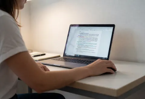Un étudiant concentre son attention sur un document avec des modifications visibles sur un écran d'ordinateur portable dans un environnement professionnel épuré.