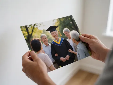 Des mains d'adulte tiennent une photographie imprimée d'une cérémonie de remise des diplômes, posée contre un mur blanc éclairé par une lumière naturelle douce.