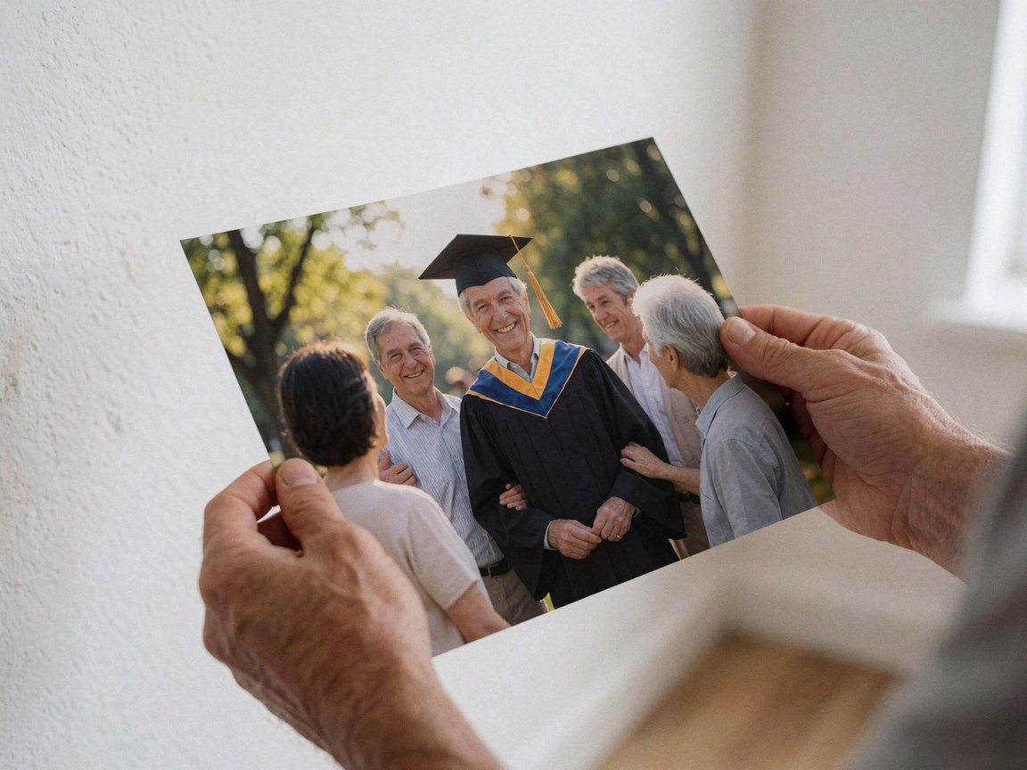 Des mains d'adulte tiennent une photographie imprimée d'une cérémonie de remise des diplômes, posée contre un mur blanc éclairé par une lumière naturelle douce.