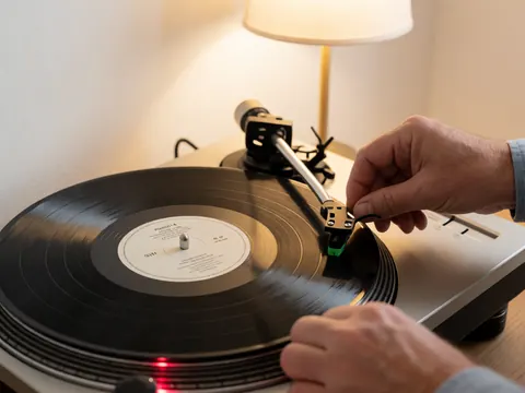 Des mains déposent délicatement la pointe d'un tourne-disque sur un vinyle de tango, éclairé par une lumière chaude dans une pièce aux murs blancs.