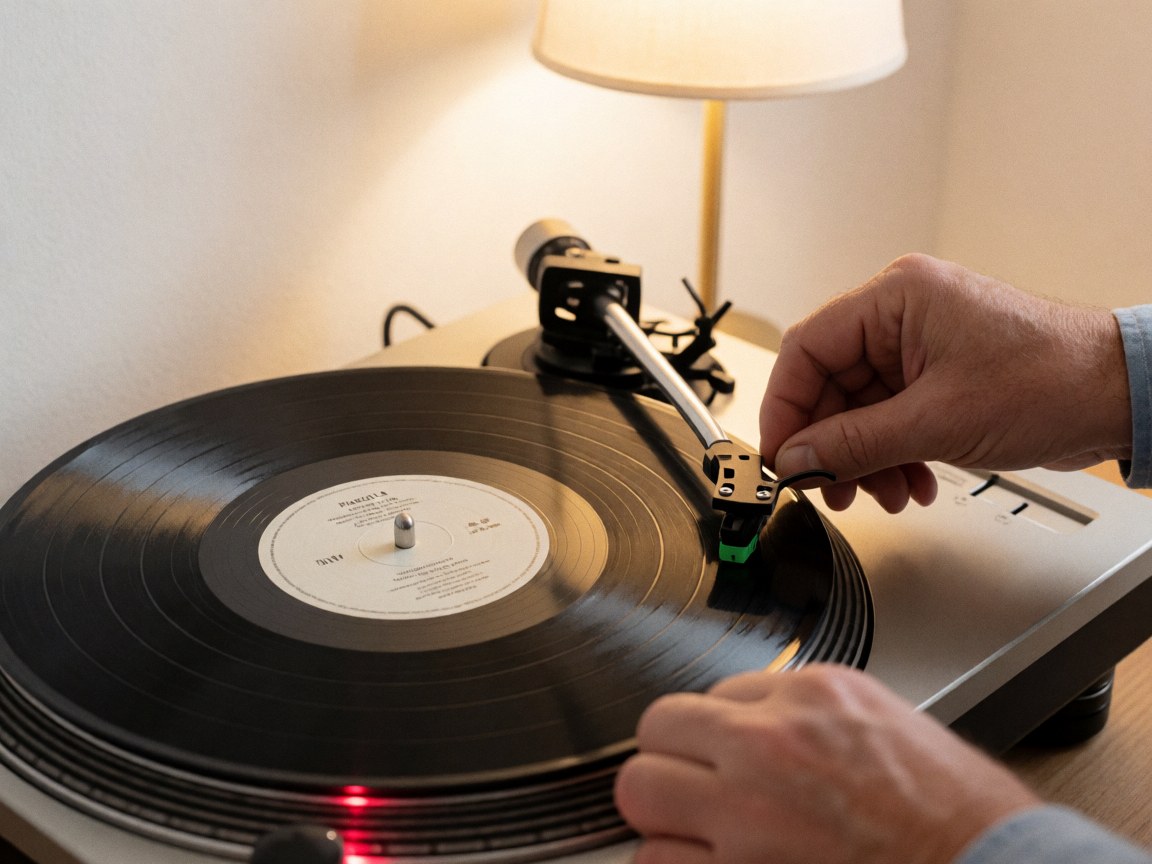 Des mains déposent délicatement la pointe d'un tourne-disque sur un vinyle de tango, éclairé par une lumière chaude dans une pièce aux murs blancs.