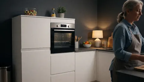 Vue de profil d'une femme effectuant des travaux dans une cuisine contemporaine dotée d'un four encastré, de murs gris et d'un éclairage chaleureux.