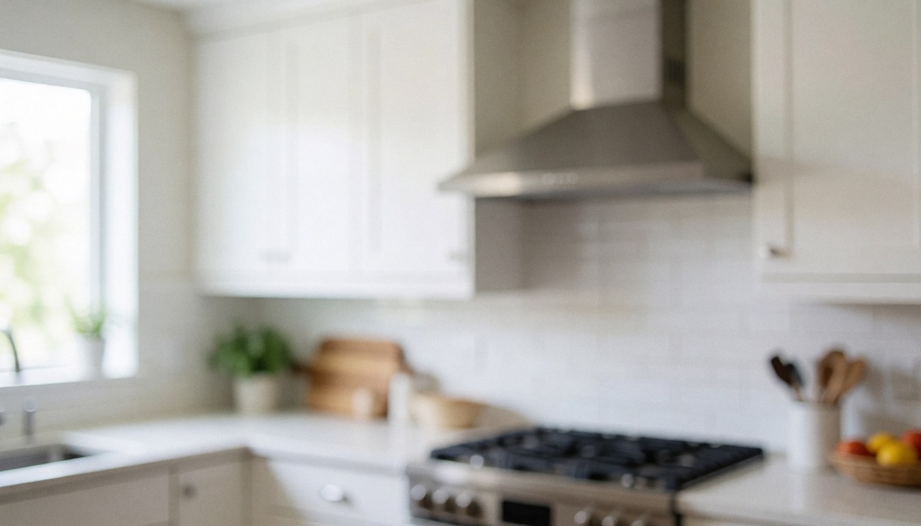 Cuisine moderne équipée d'une hotte extractrice en acier inoxydable, de placards blancs et éclairée par la lumière naturelle, idéale pour un fond textuel professionnel.