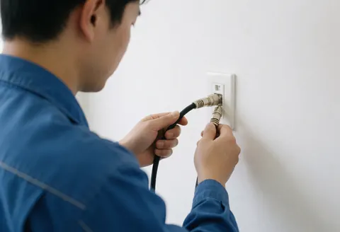 Un technicien en uniforme bleu raccorde un câble coaxial noir à une prise murale blanche, vue rapprochée sur les mains et le câble dans un environnement professionnel.
