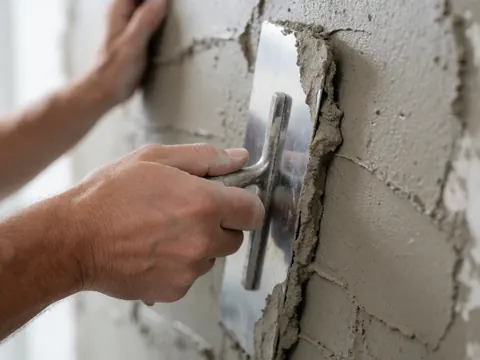 Détail d'une main utilisant une truelle métallique pour appliquer du mortier décoratif sur un mur en briques, révélant la texture et le processus de pose.