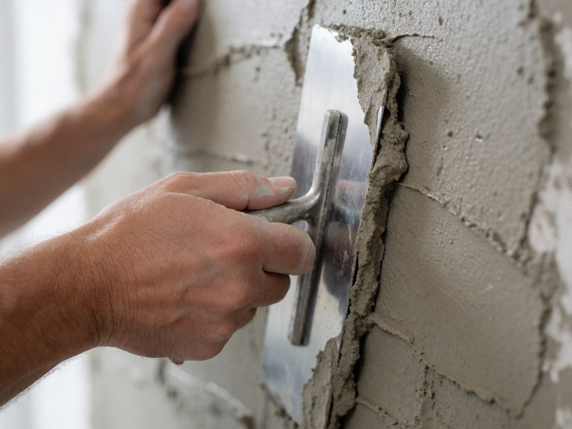 Détail d'une main utilisant une truelle métallique pour appliquer du mortier décoratif sur un mur en briques, révélant la texture et le processus de pose.