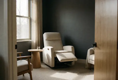 Salle d'hypnothérapie vide équipée d'un fauteuil beige, d'une table en bois et de murs gris. La lumière naturelle entre par la fenêtre, créant une ambiance calme et professionnelle.