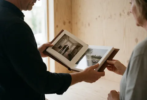 Un photographe professionnel présente un album de photos à une cliente dans un studio moderne aux murs en bois clair, en mettant l'accent sur ses mains et le livre.