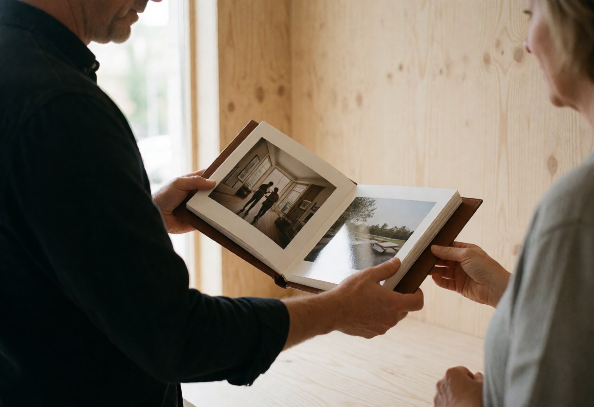 Un photographe professionnel présente un album de photos à une cliente dans un studio moderne aux murs en bois clair, en mettant l'accent sur ses mains et le livre.