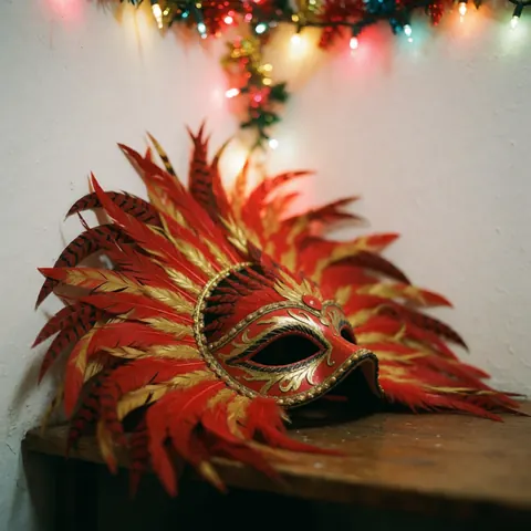 Masque de carnaval avec des plumes rouges et dorées posé sur une table en bois, éclairage coloré en arrière-plan créant une ambiance festive.