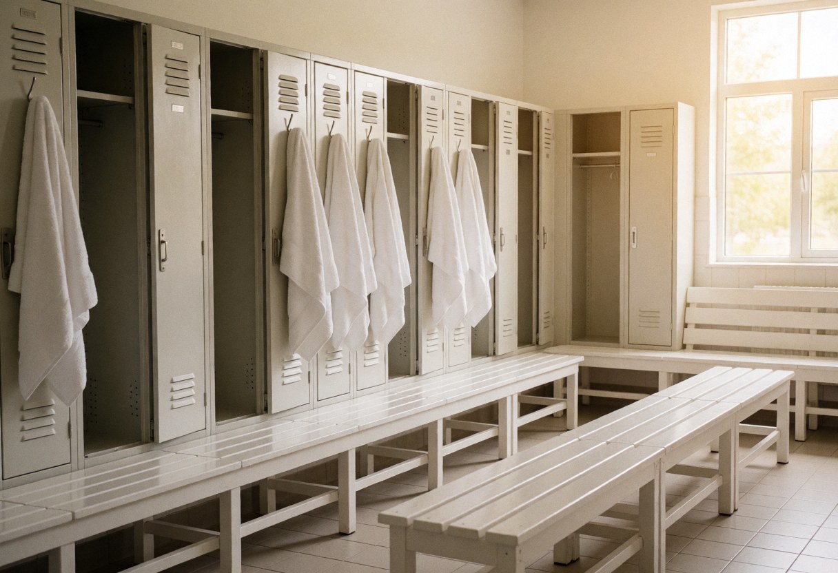 Vestiaire propre et bien éclairé comportant des bancs blancs, des casiers métalliques et des servanges suspendues, adapté à un club de plage.