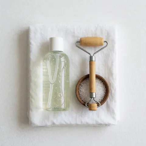Produit de spa avec gel d'aloe vera, rouleau en bambou et sel marin posés sur une serviette blanche, idéal pour promouvoir des soins personnels.